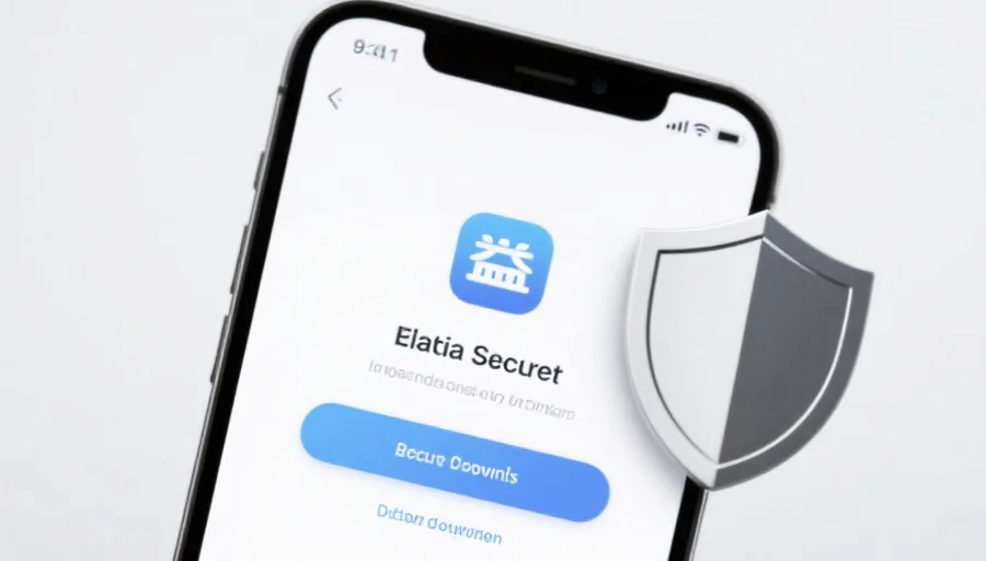 一部现代智能手机屏幕上显示杏盛应用的安全下载界面,旁边有安全盾牌图标,背景简洁